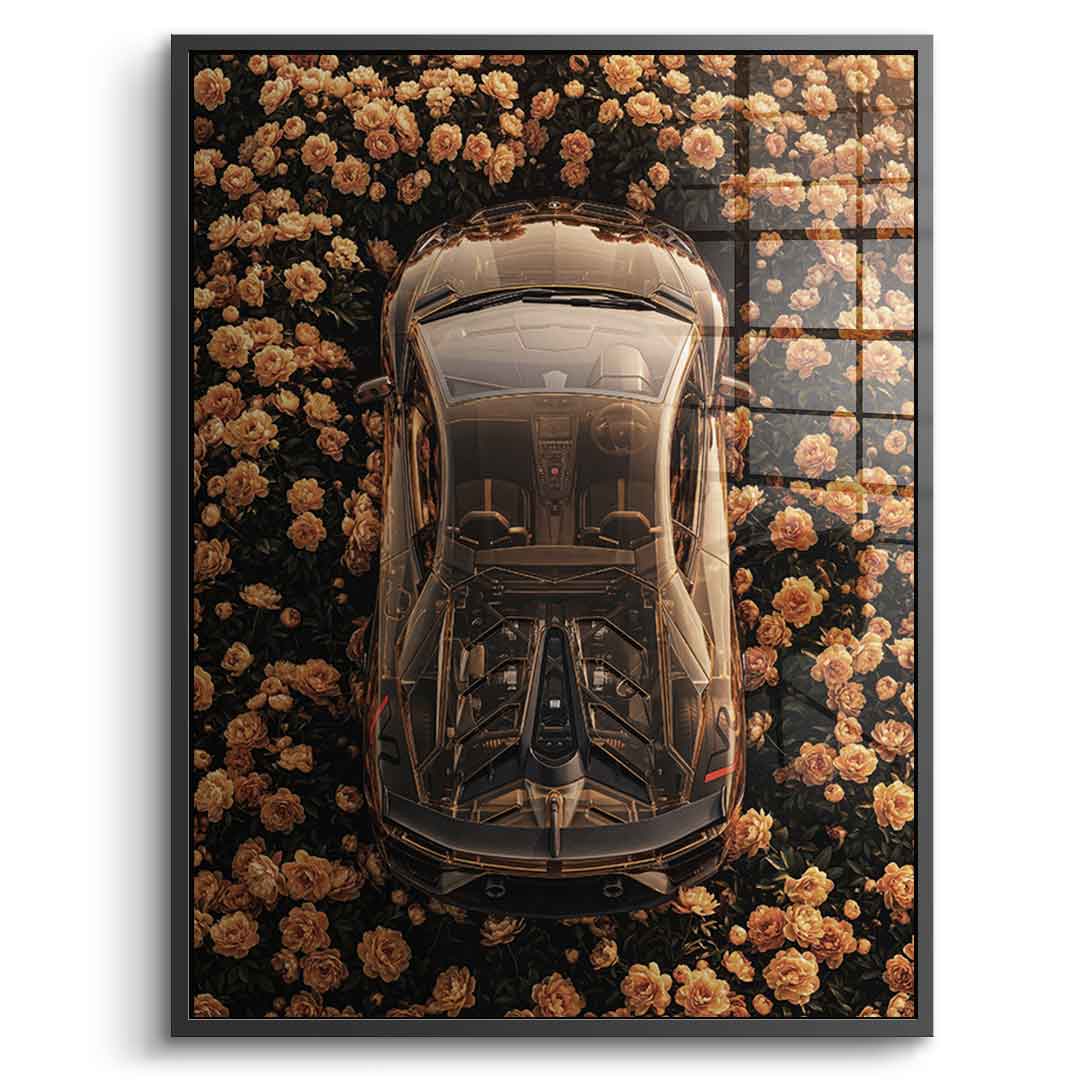 DOTCOMCANVAS® Lamborgini in flowers Acrylglasbild – Frontansicht schwarzer Rahmen