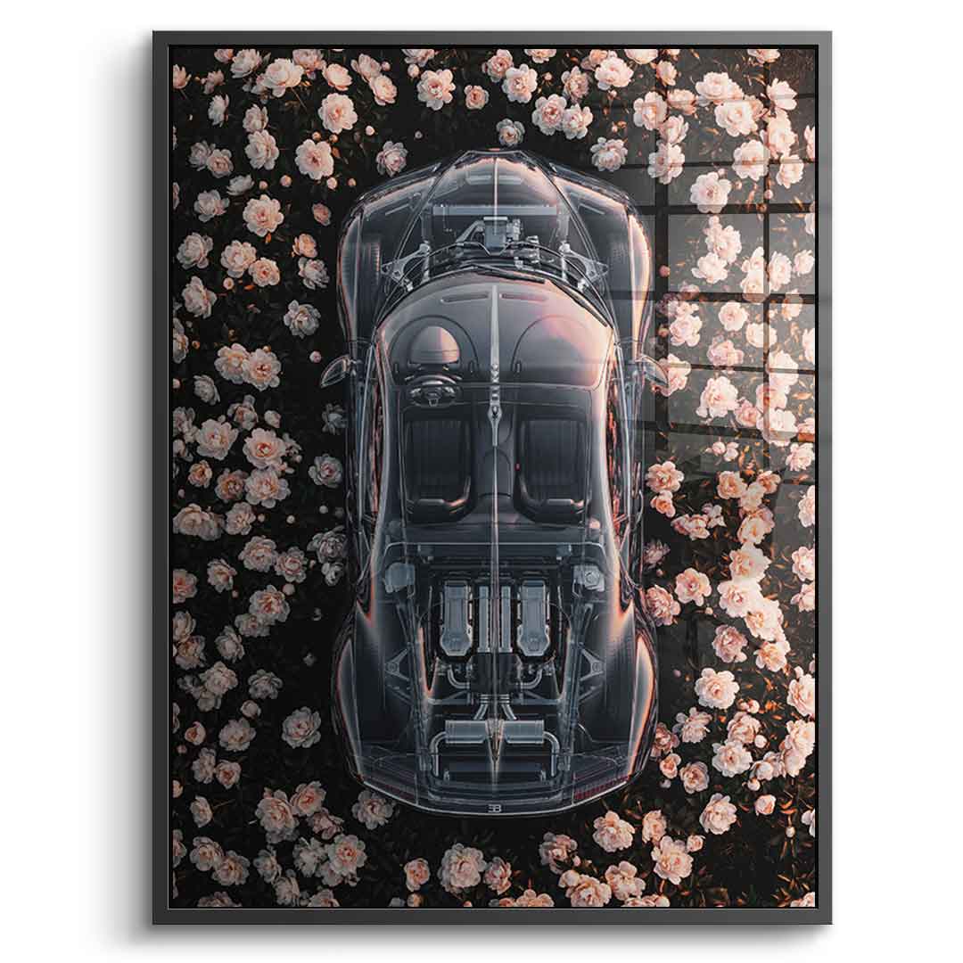DOTCOMCANVAS® Bugatti in flowers Acrylglasbild – Frontansicht mit schwarzem Rahmen