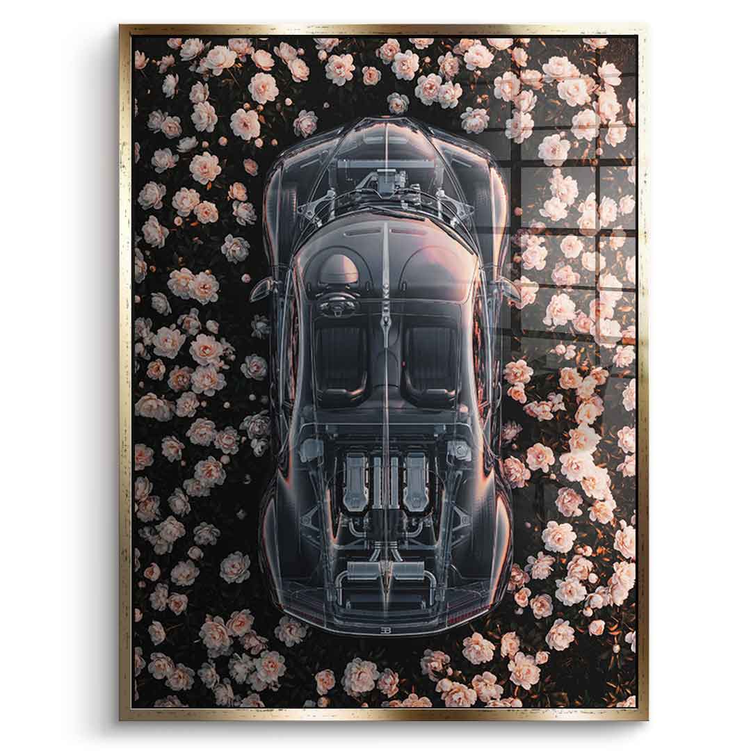 DOTCOMCANVAS® Bugatti in flowers Acrylglasbild – Frontansicht mit goldenem Rahmen