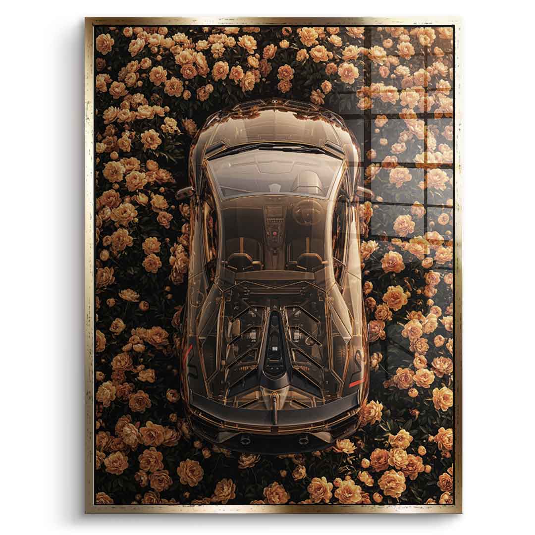 DOTCOMCANVAS® Lamborgini in flowers Acrylglasbild – Frontansicht goldener Rahmen