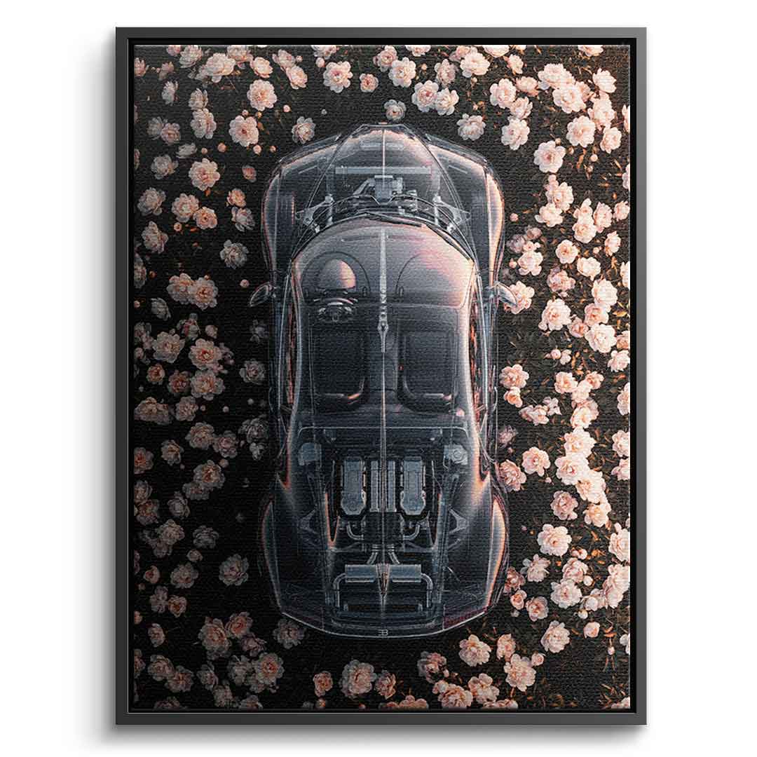 DOTCOMCANVAS® Bugatti in flowers Leinwandbild – Frontansicht schwarzer Rahmen