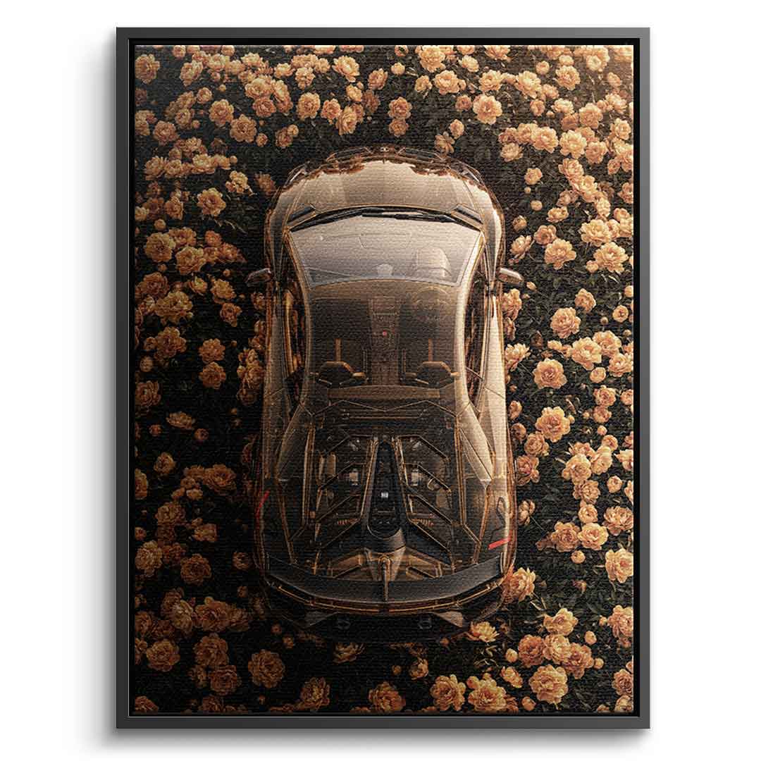 DOTCOMCANVAS® Lamborgini in flowers Leinwandbild – Schwarzer Rahmen Frontansicht