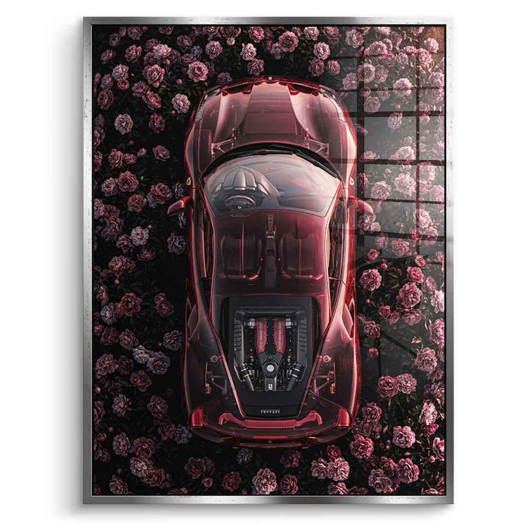 DOTCOMCANVAS® Ferrari in flowers Acrylglasbild – Rahmenansicht gold