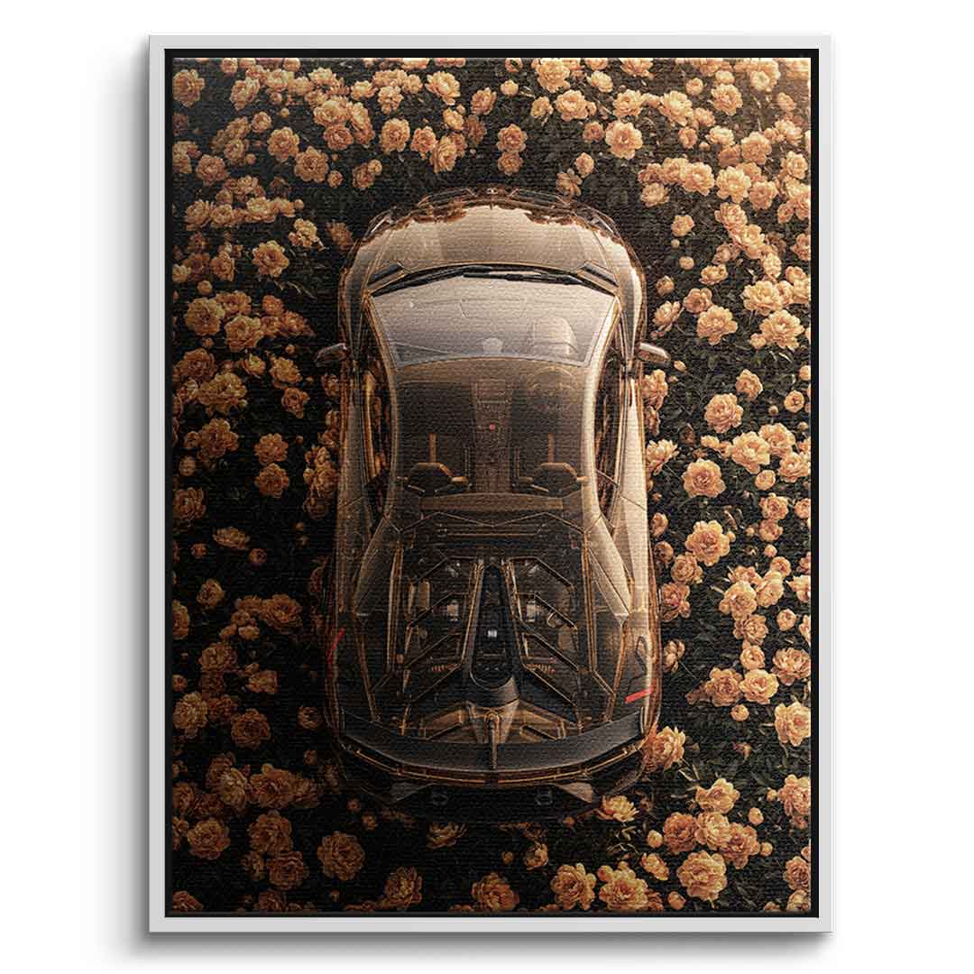 DOTCOMCANVAS® Lamborgini in flowers Leinwandbild – Weißer Rahmen Frontansicht