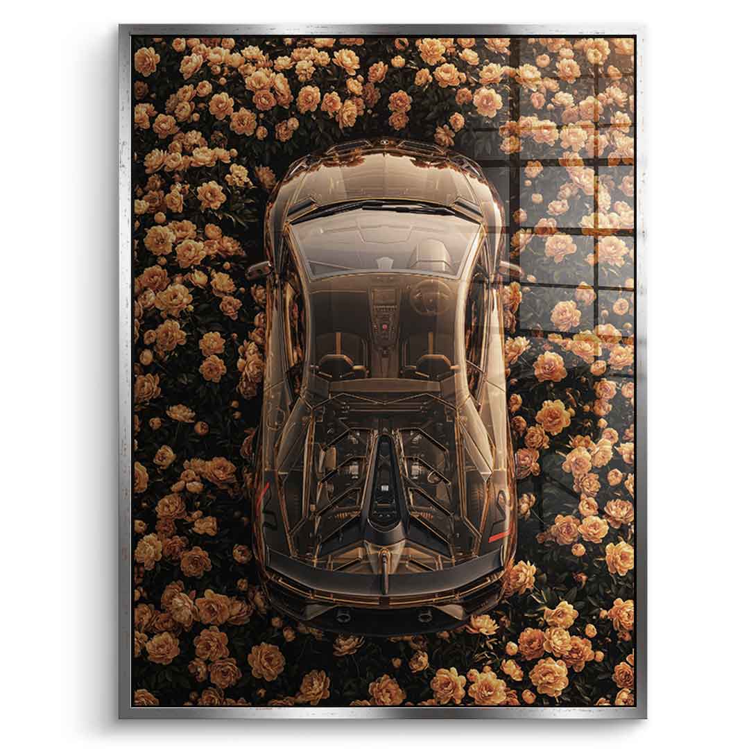 DOTCOMCANVAS® Lamborgini in flowers Acrylglasbild – Frontansicht silberner Rahmen