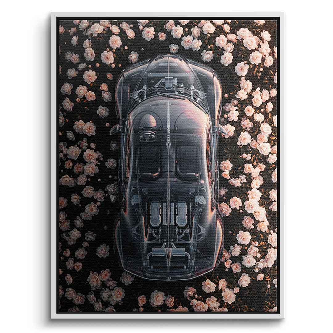 DOTCOMCANVAS® Bugatti in flowers Leinwandbild – Frontansicht weißer Rahmen