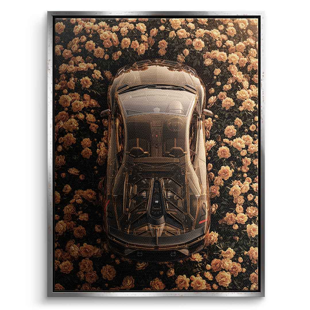 DOTCOMCANVAS® Lamborgini in flowers Leinwandbild – Silberner Rahmen Frontansicht