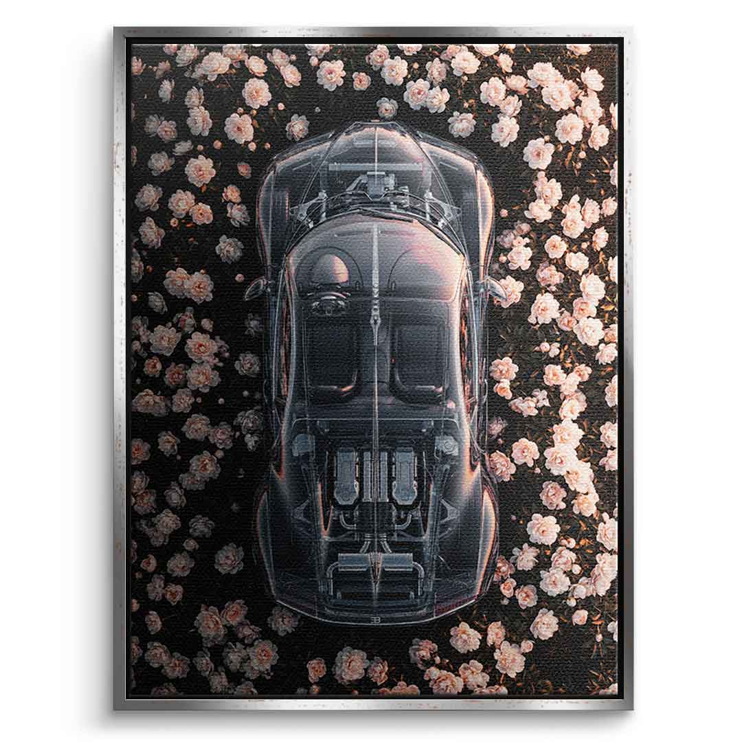 DOTCOMCANVAS® Bugatti in flowers Leinwandbild – Frontansicht silberner Rahmen