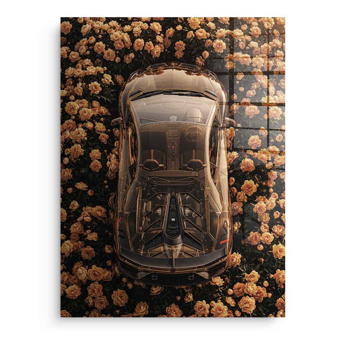DOTCOMCANVAS® Lamborgini in flowers Acrylglasbild – Frontansicht naturrahmen