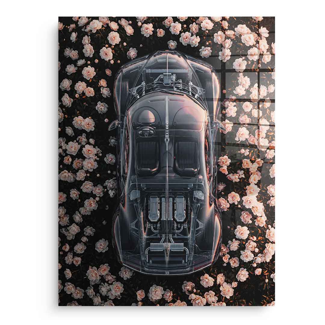 DOTCOMCANVAS® Bugatti in flowers Acrylglasbild – Frontansicht ohne Rahmen