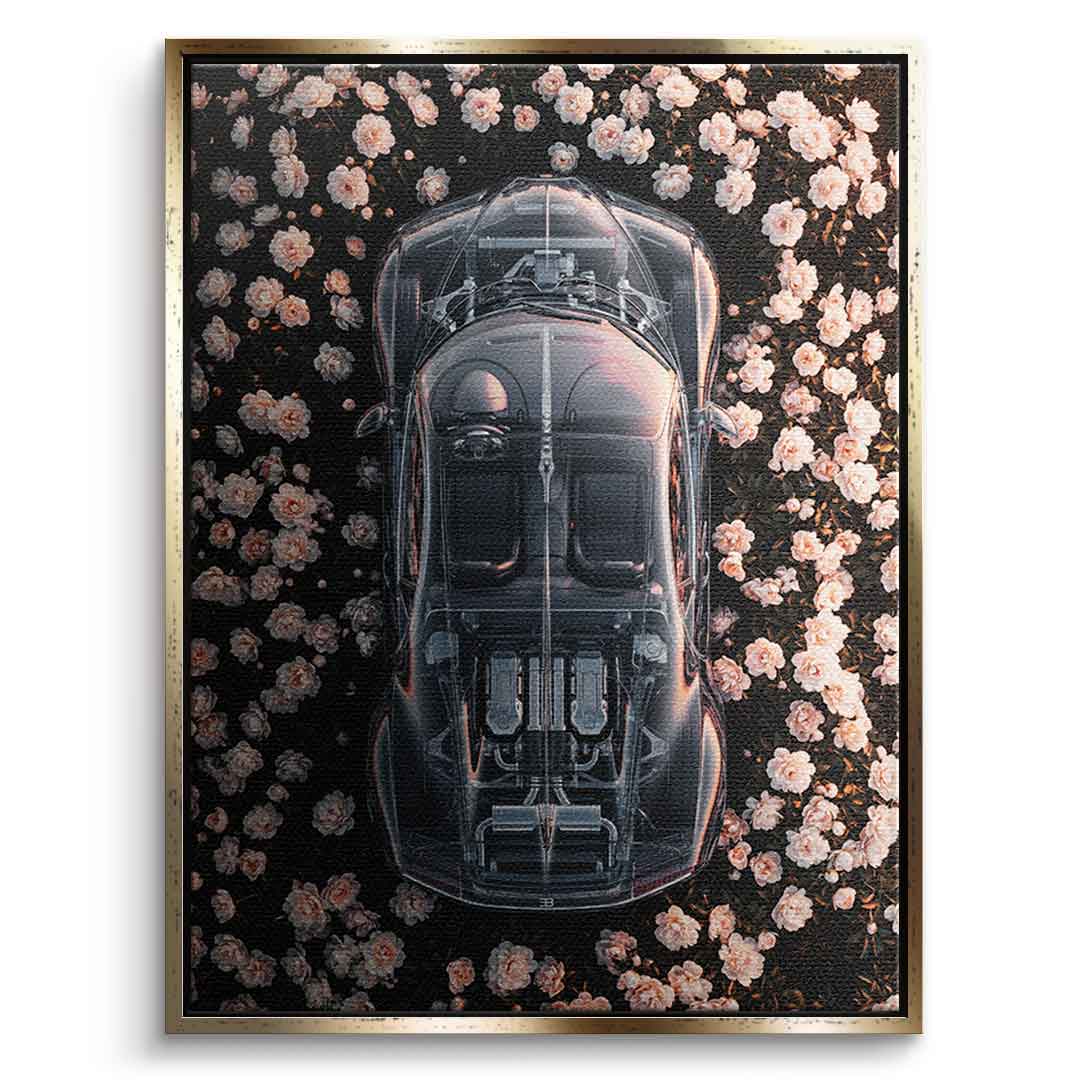 DOTCOMCANVAS® Bugatti in flowers Leinwandbild – Frontansicht goldener Rahmen