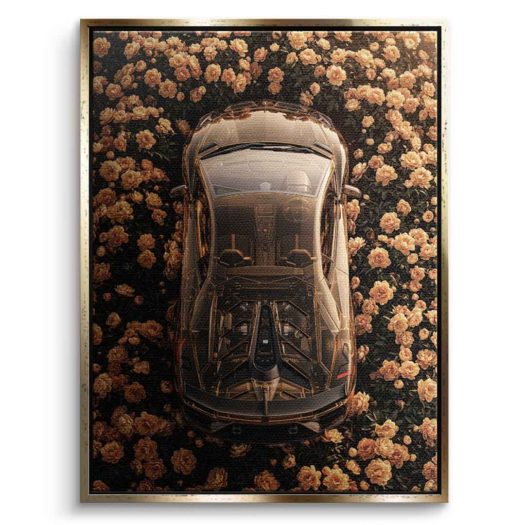 DOTCOMCANVAS® Lamborgini in flowers Leinwandbild – Goldener Rahmen Frontansicht