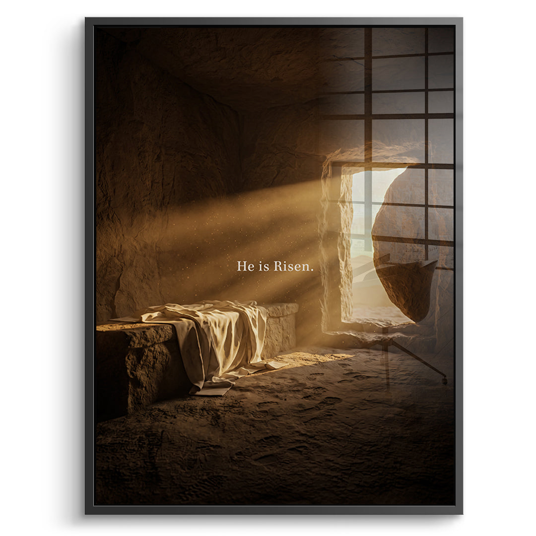 He is Risen Acrylglasbild Schwarz Rahmen