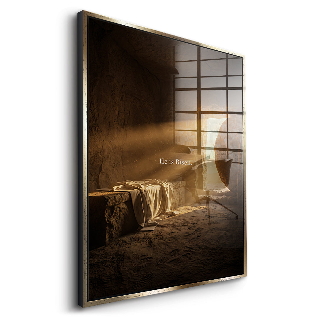 He is Risen Acrylglasbild Seitenansicht Gold Rahmen