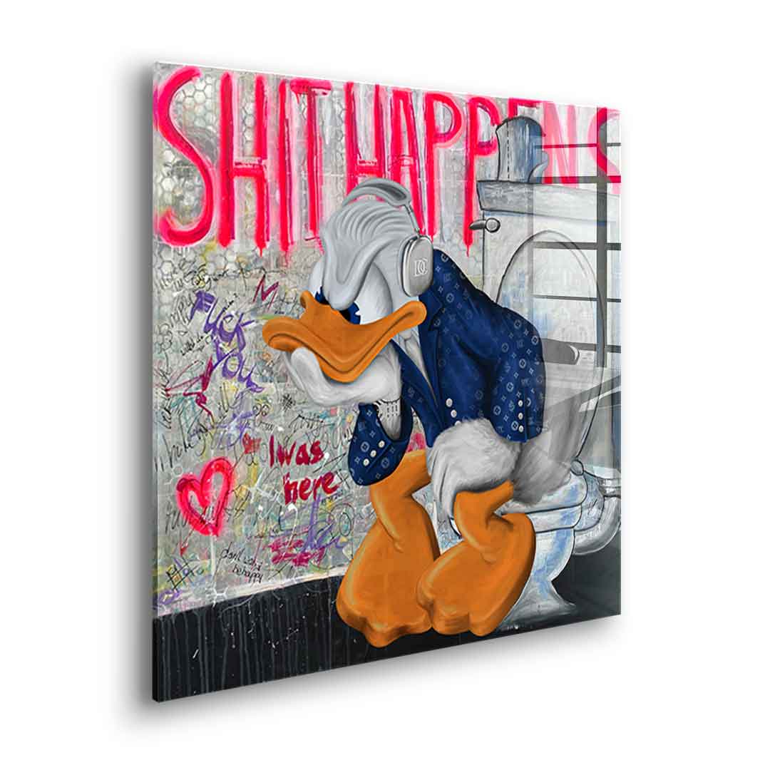 Acrylic glass print Donald Duck Shit Happens Bathroom Toilet Pop