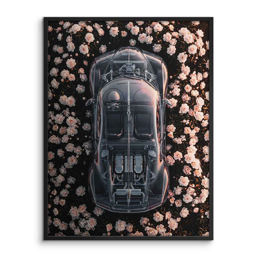 DOTCOMCANVAS® Bugatti in flowers Poster – Rahmen Frontansicht