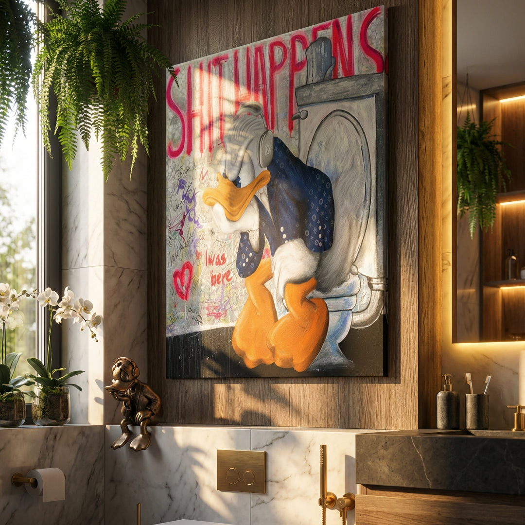 Canvas print Donald Duck Shit Happens bathroom toilet pop art