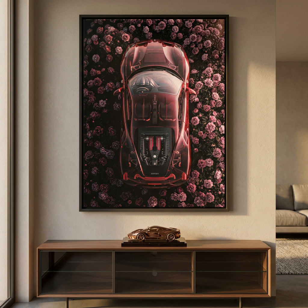 DOTCOMCANVAS® Ferrari in flowers Leinwandbild – Ansicht im Raum