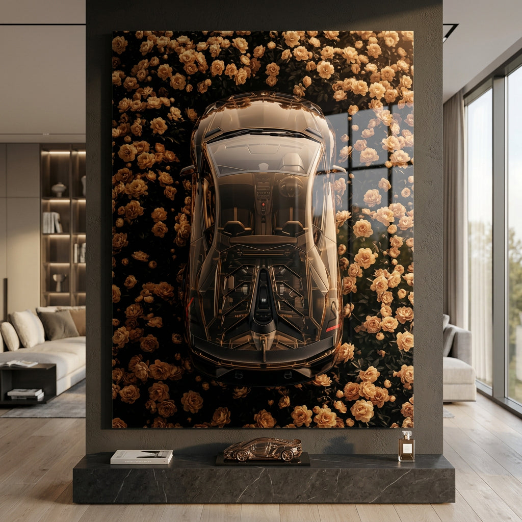 DOTCOMCANVAS® Lamborgini in flowers Acrylglasbild – Raumansicht