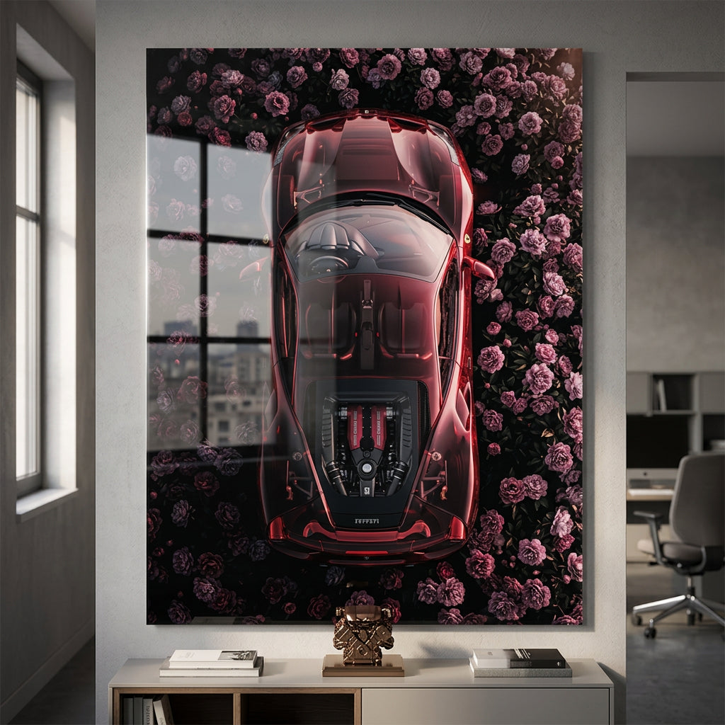 DOTCOMCANVAS® Ferrari in flowers Acrylglasbild – Raumansicht