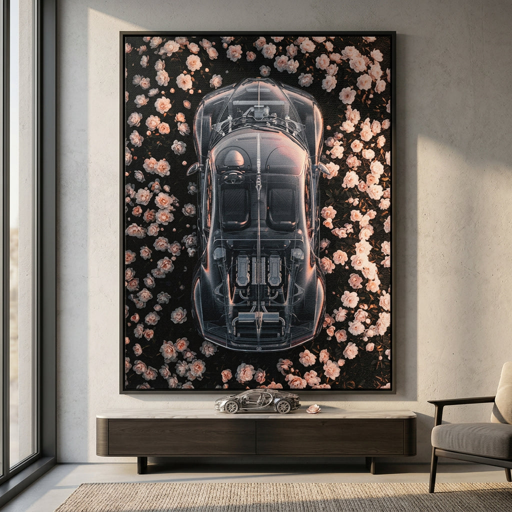 DOTCOMCANVAS® Bugatti in flowers Leinwandbild – Raum-Mockup