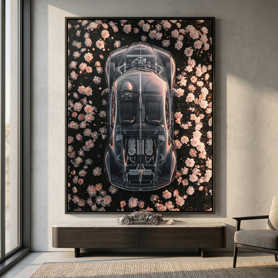 DOTCOMCANVAS® Bugatti in flowers Leinwandbild – Raum-Mockup