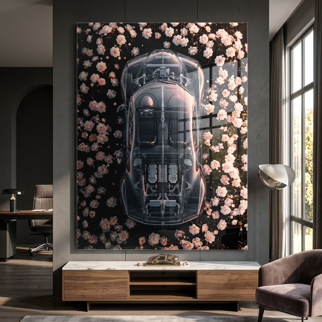 DOTCOMCANVAS® Bugatti in flowers Acrylglasbild – Raum-Mockup