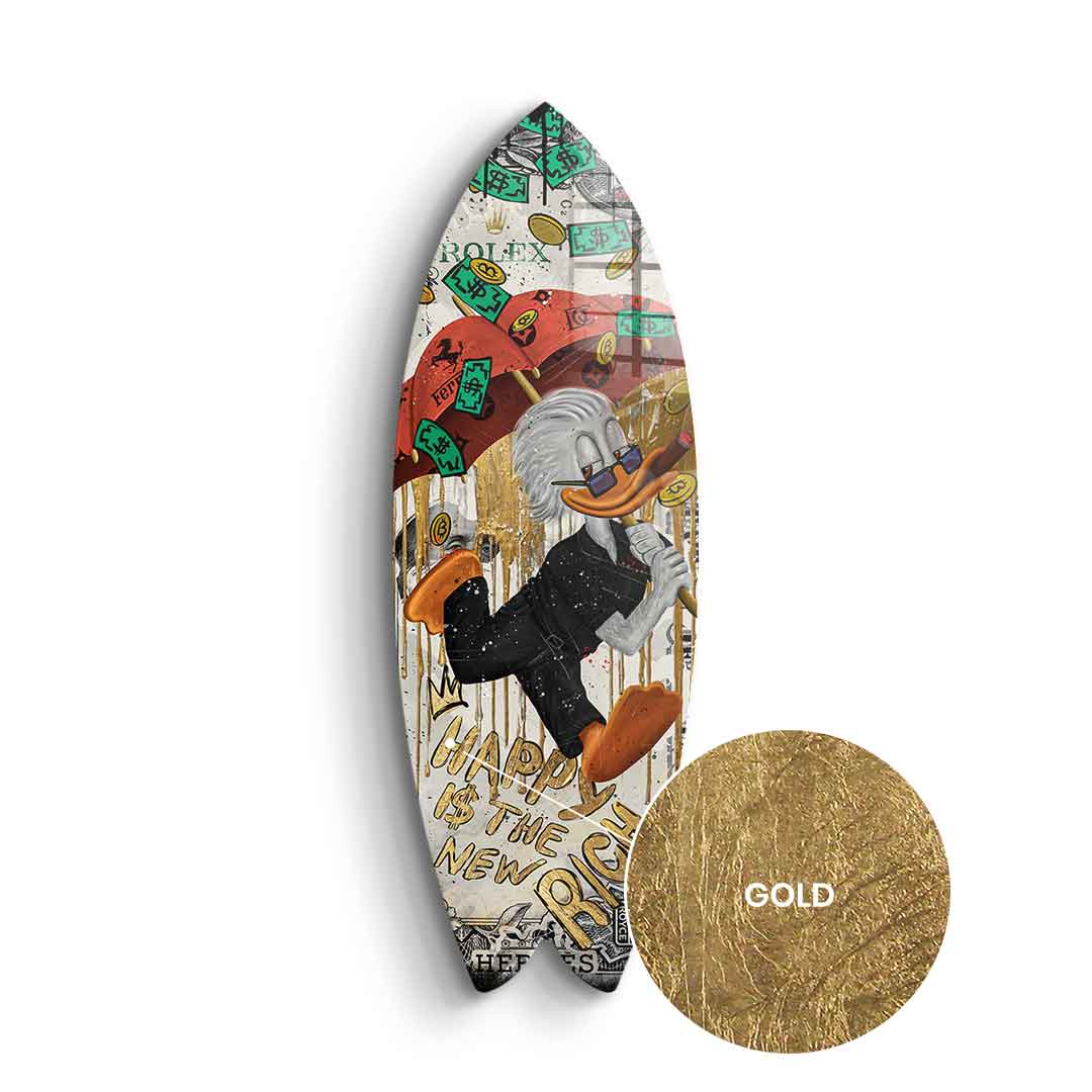 Surfboard Happy is the New Rich - gold leaf