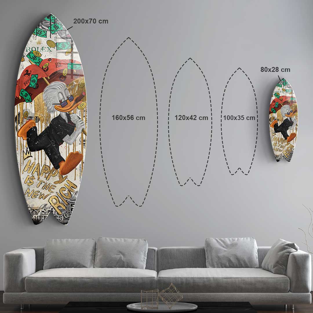 Surfboard Happy is the new Rich - acrylic glass