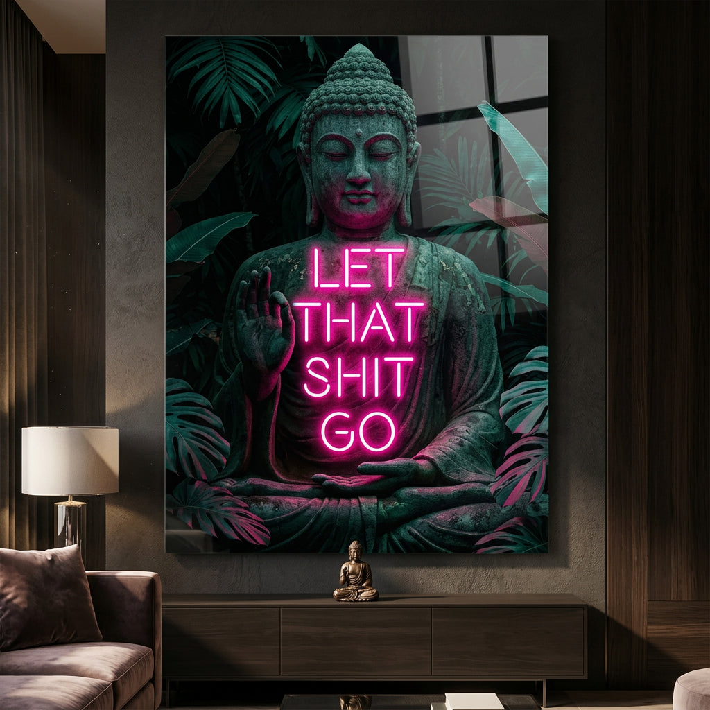 DOTCOMCANVAS® Buddah for Toilett Acrylglasbild – humorvolle WC-Wandkunst im Raum-Mockup
