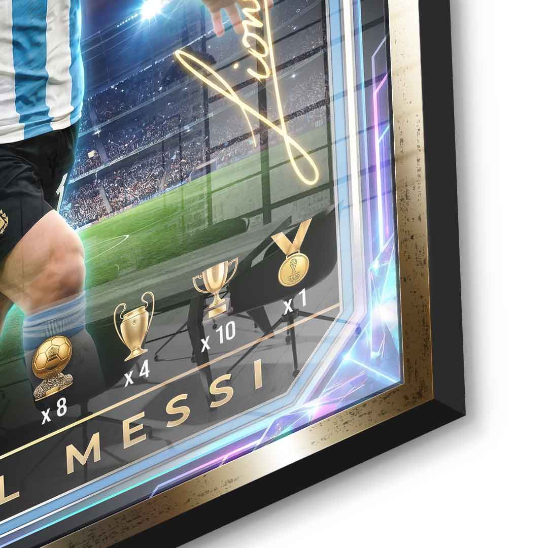 Messi Trade Card Acrylglasbild schwarzer Rahmen