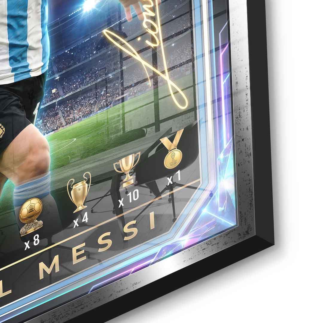 Messi Trade Card Acrylglasbild silberner Rahmen