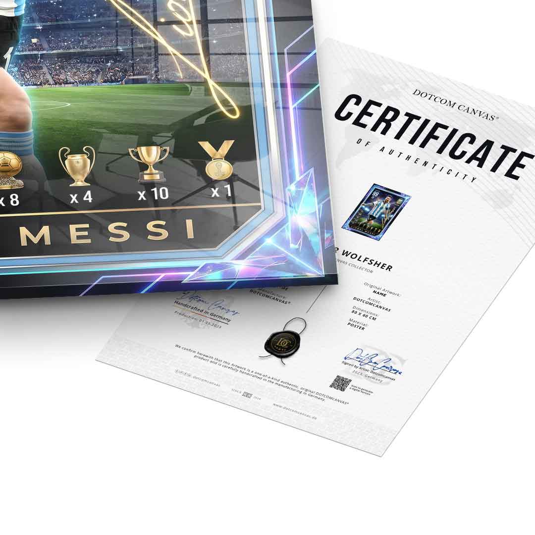 Messi Trade Card Acrylglasbild goldener Rahmen