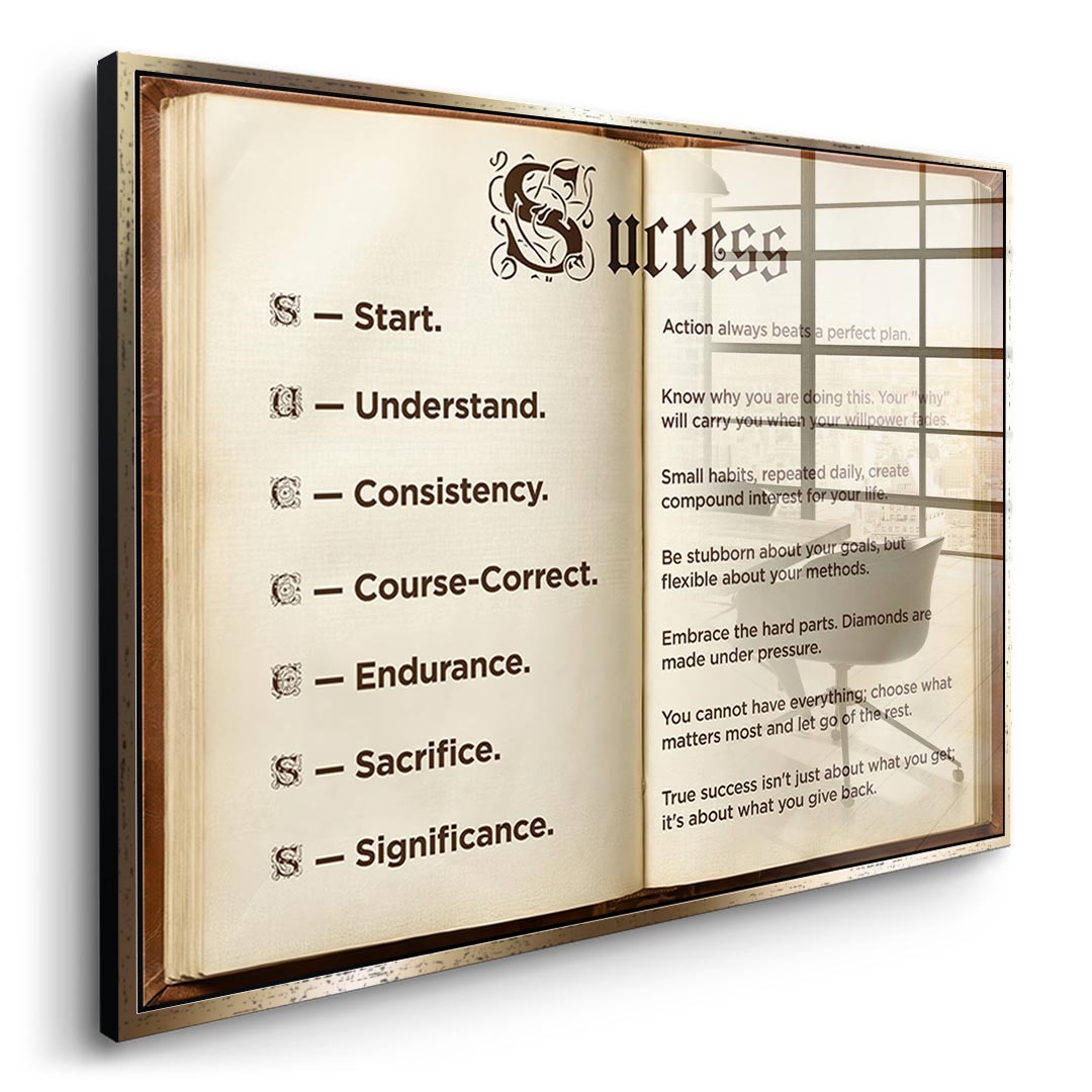 DOTCOMCANVAS® Success book Acrylglasbild – Seitenansicht silberner Rahmen