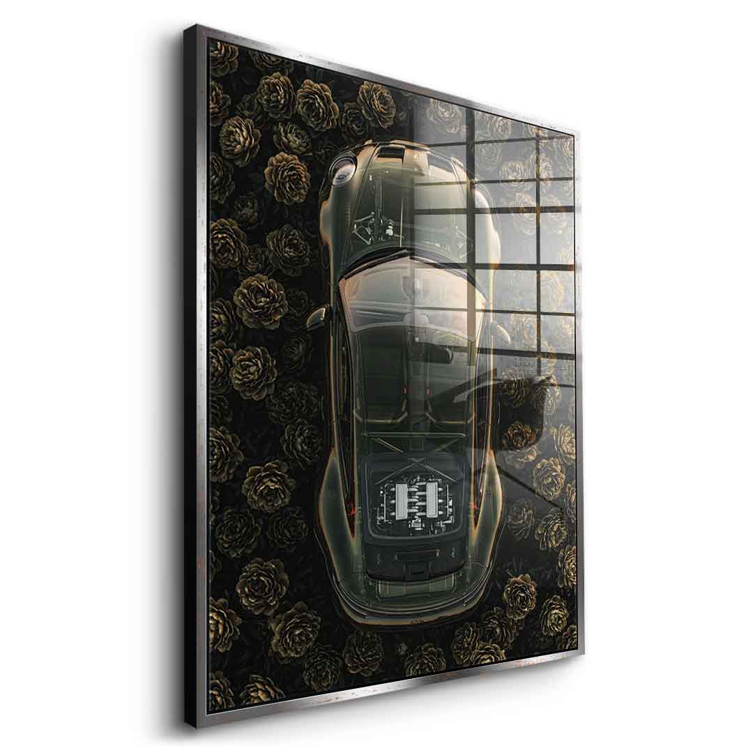 DOTCOMCANVAS® Porsche in flowers Acrylglasbild – Seitenansicht goldener Rahmen