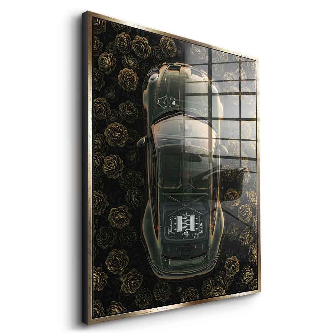 DOTCOMCANVAS® Porsche in flowers Acrylglasbild – Seitenansicht silberner Rahmen