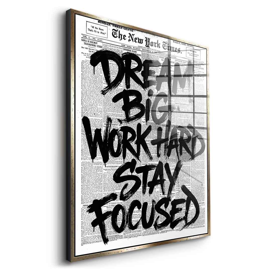 DOTCOMCANVAS Dream big work hard stay focused Acrylglasbild Silber Rahmen Seitenansicht