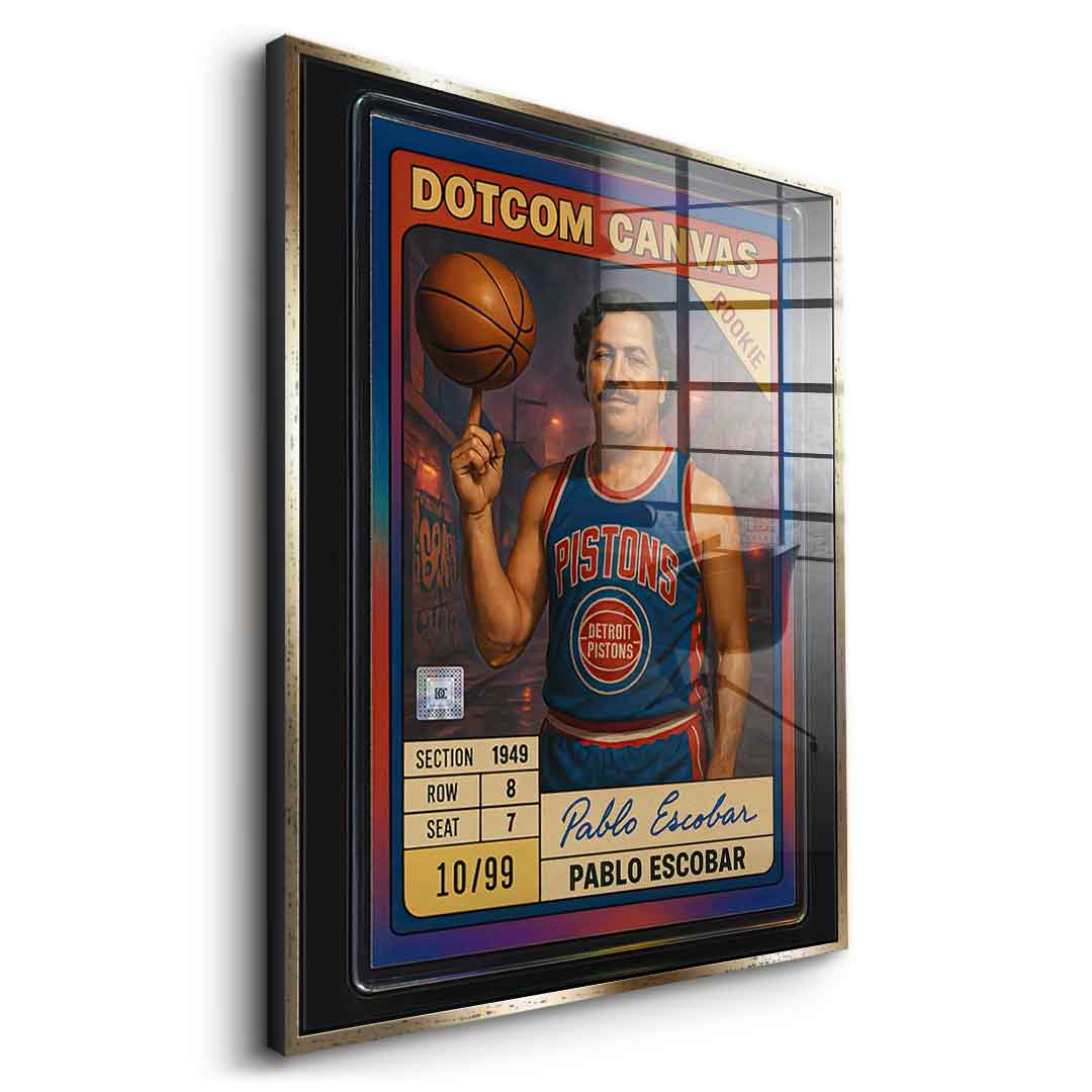 DOTCOMCANVAS Pablo Escobar Basketball Card Acrylglasbild Pop Art Silber gerahmt Seitenansicht