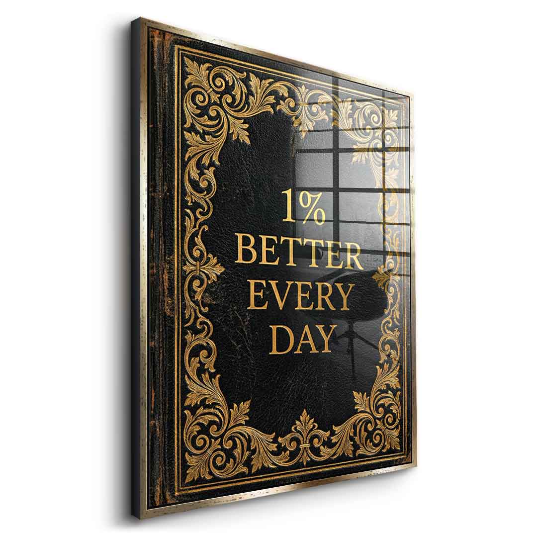 DOTCOMCANVAS® 1% better every day Acrylglasbild – Seitenansicht silberner Rahmen