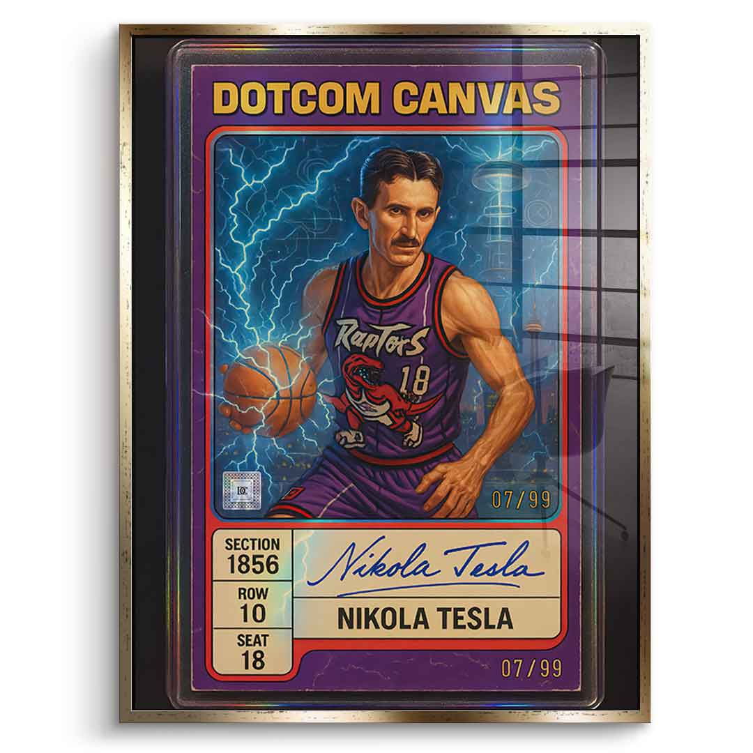 DOTCOMCANVAS Acrylglasbild Nikola Tesla Basketball Card Frontansicht mit goldenem Premium Rahmen