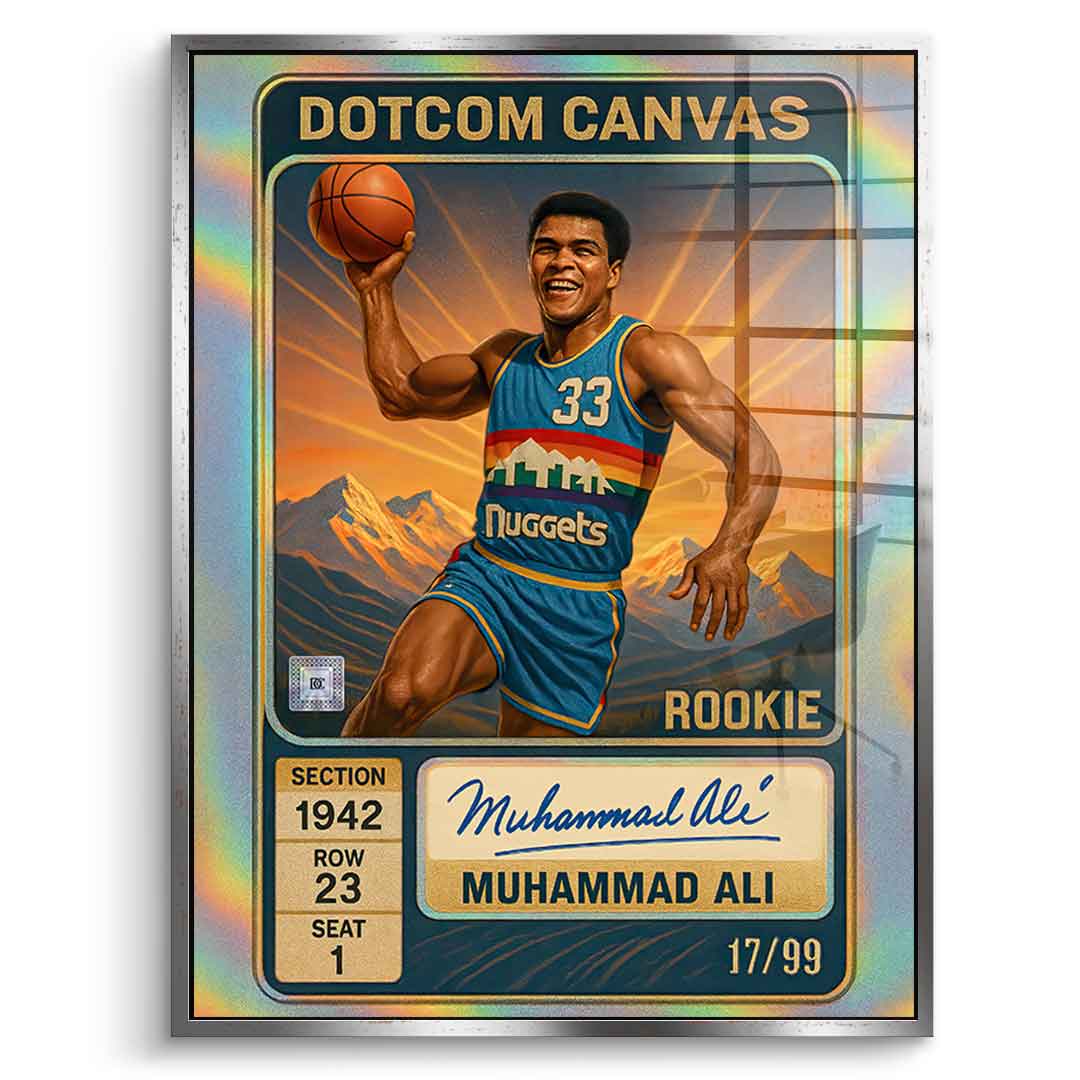 DOTCOMCANVAS Muhammad Ali Basketball Card Acrylglasbild Pop Art Silber gerahmt Frontansicht