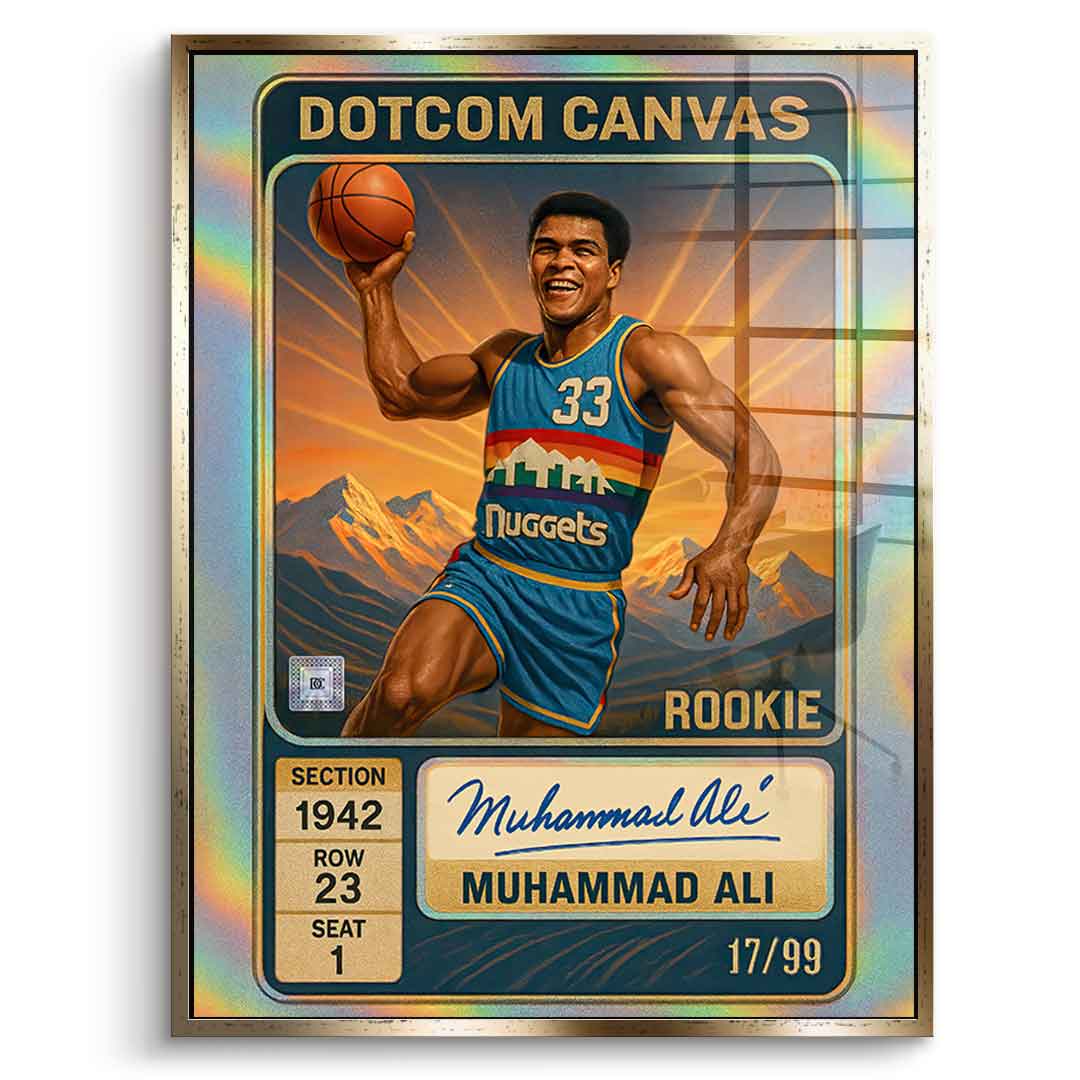 DOTCOMCANVAS Muhammad Ali Basketball Card Acrylglasbild Pop Art Gold gerahmt Frontansicht