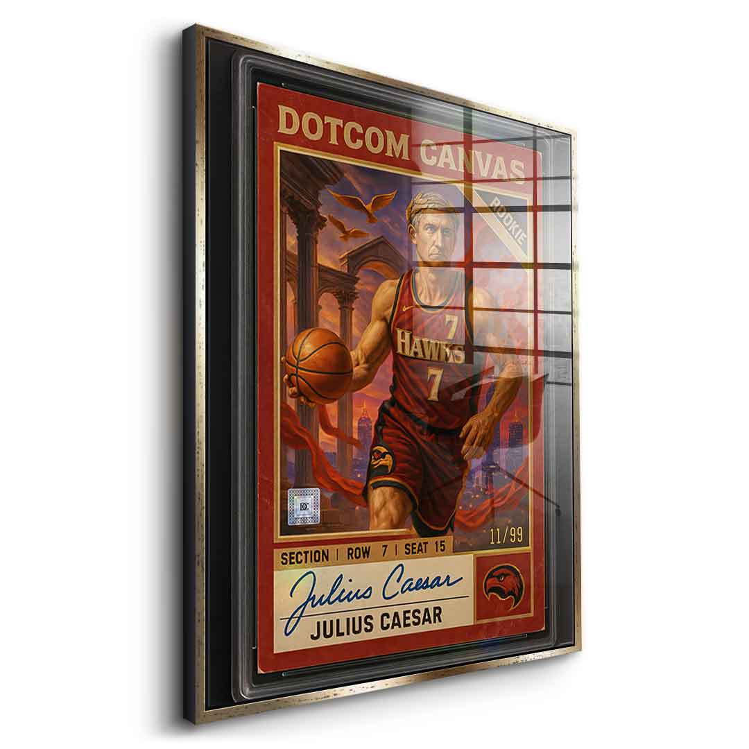 DOTCOMCANVAS Julius Caesar Basketball Card Acrylglasbild Pop Art – Seitenansicht mit Silber Rahmen