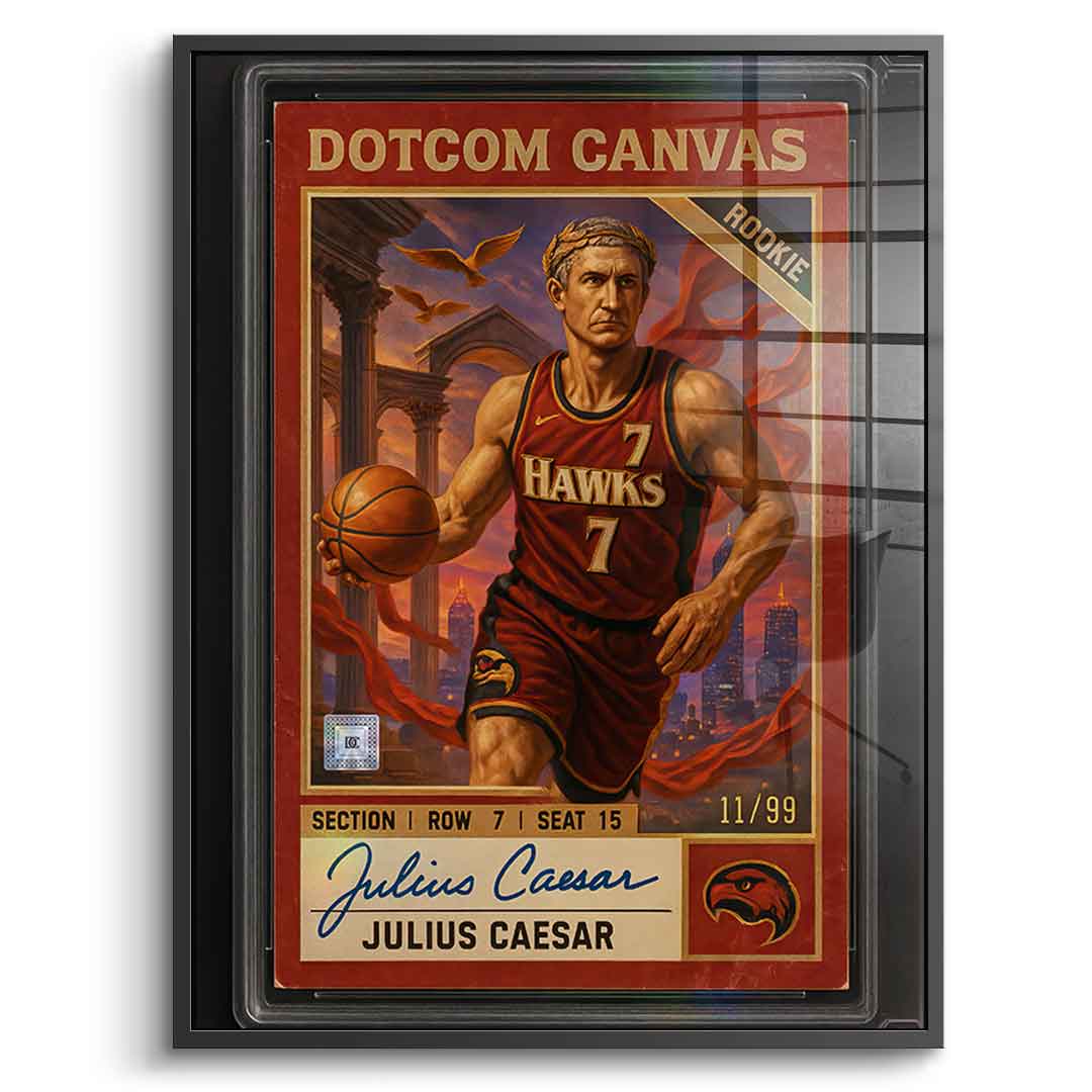 DOTCOMCANVAS Julius Caesar Basketball Card Acrylglasbild Pop Art – Frontansicht mit schwarzem Rahmen