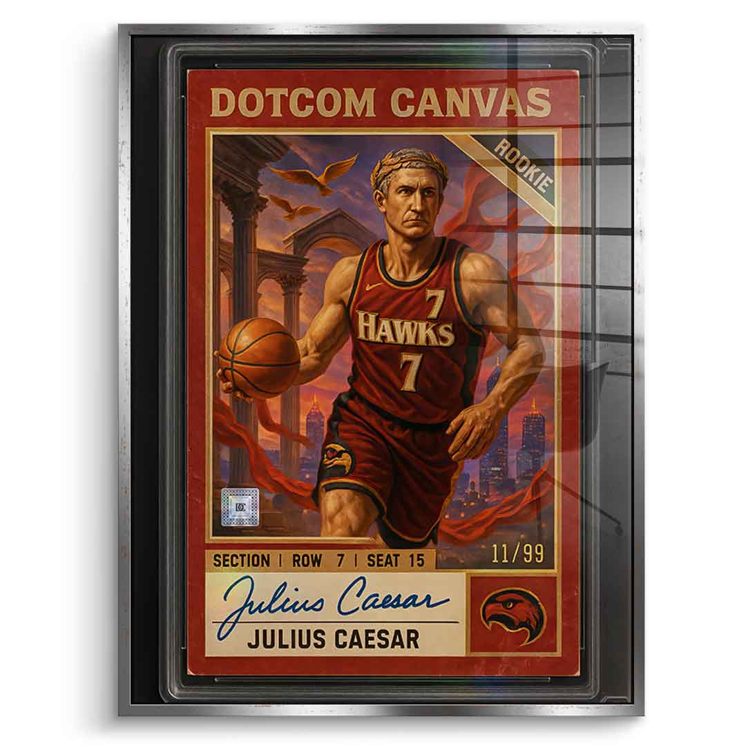 DOTCOMCANVAS Julius Caesar Basketball Card Acrylglasbild Pop Art – Frontansicht mit Silber Rahmen