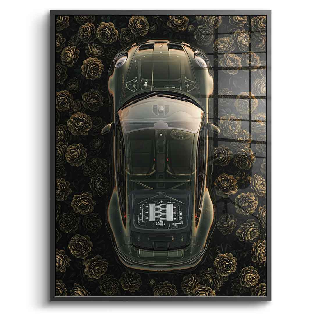 DOTCOMCANVAS® Porsche in flowers Acrylglasbild – Vorderansicht silberner Rahmen