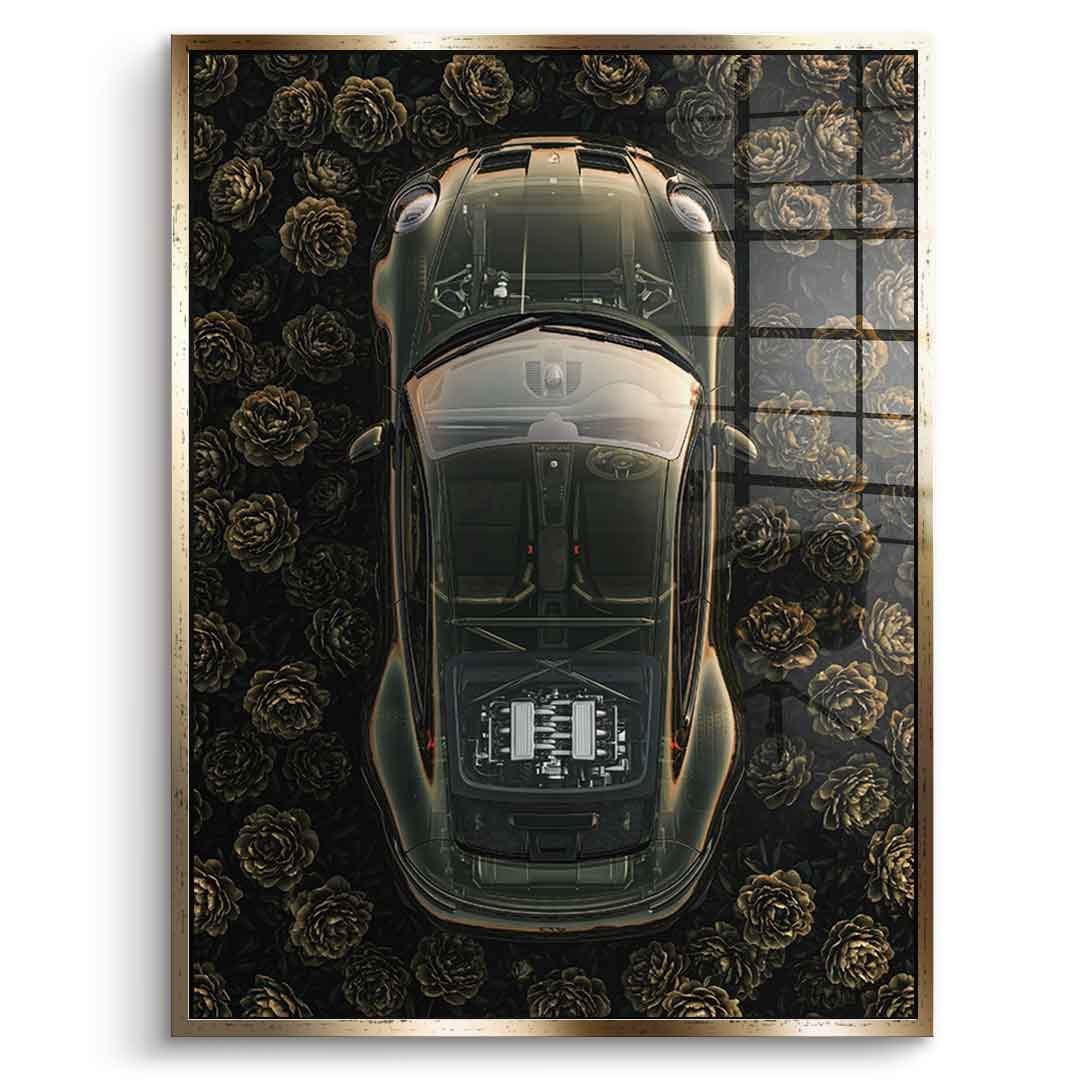 DOTCOMCANVAS® Porsche in flowers Acrylglasbild – Vorderansicht goldener Rahmen