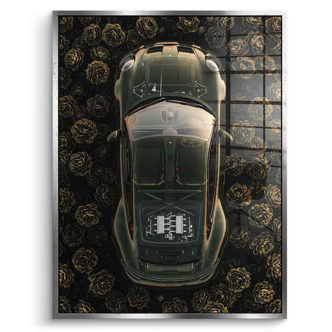 DOTCOMCANVAS® Porsche in flowers Acrylglasbild – Vorderansicht schwarzer Rahmen