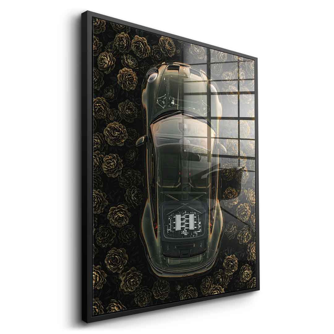 DOTCOMCANVAS® Porsche in flowers Acrylglasbild – Seitenansicht schwarzer Rahmen