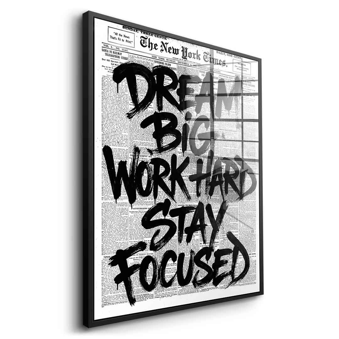 DOTCOMCANVAS Dream big work hard stay focused Acrylglasbild Schwarz Rahmen Seitenansicht